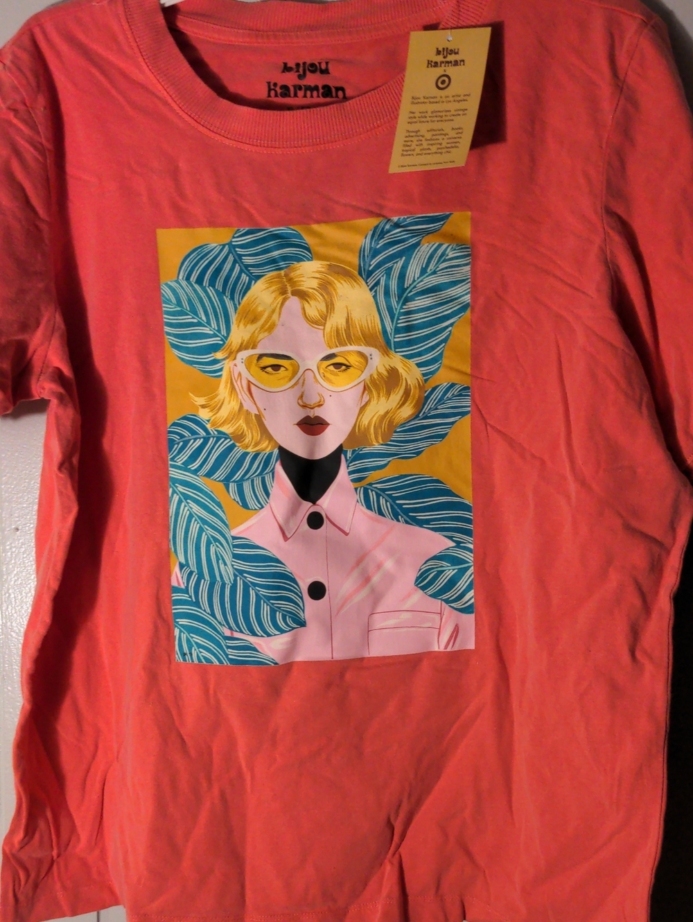 Karma Coral Graphic Tee with Yellow & Teal Print